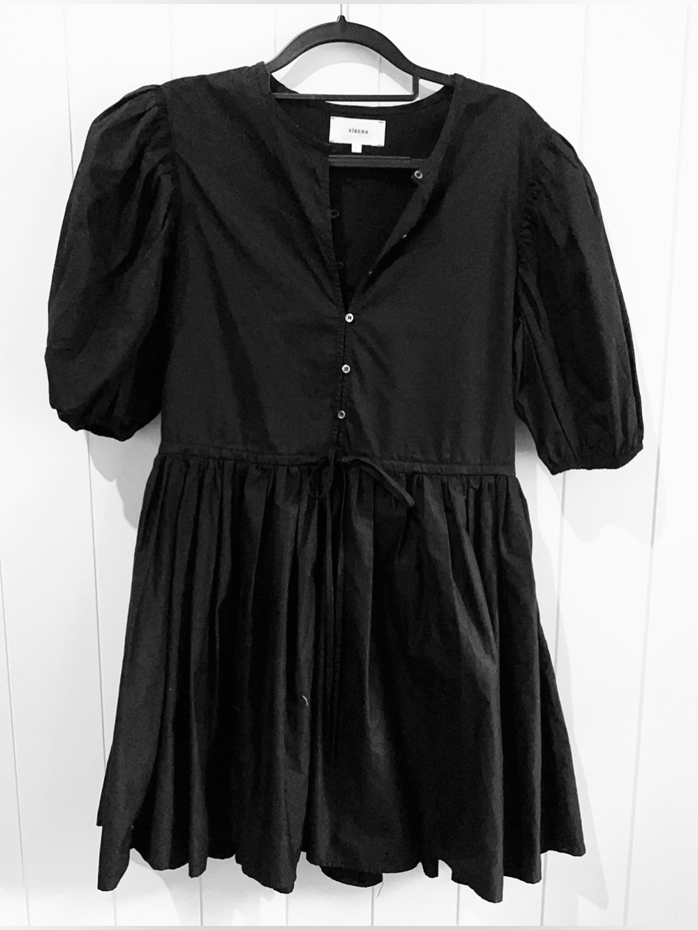 Xirena Midi Dress Baby Doll Puff Sleeves SS Draw String at waistline size L Blk